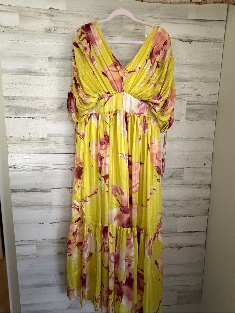 Floral Yellow V-Neck Maxi Dress with Pink Accents
